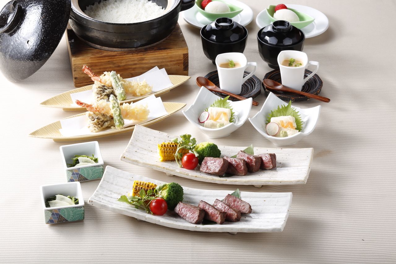 【雅ーMIYABI－】ランチタイム限定プラン　天麩羅、黒毛和牛ステーキ、自家精米炊きたて土鍋ご飯 お料理のみ3500円