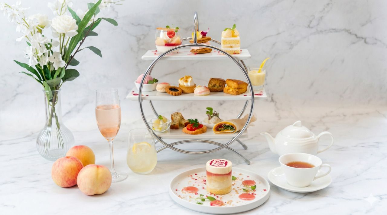桃のアフターヌーンティー18品+カフェフリー+メッセージプレート可