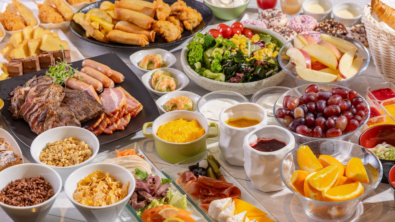 Breakfast Buffet — Beef steak, doteyaki (miso-simmered beef tendon), omelettes and more