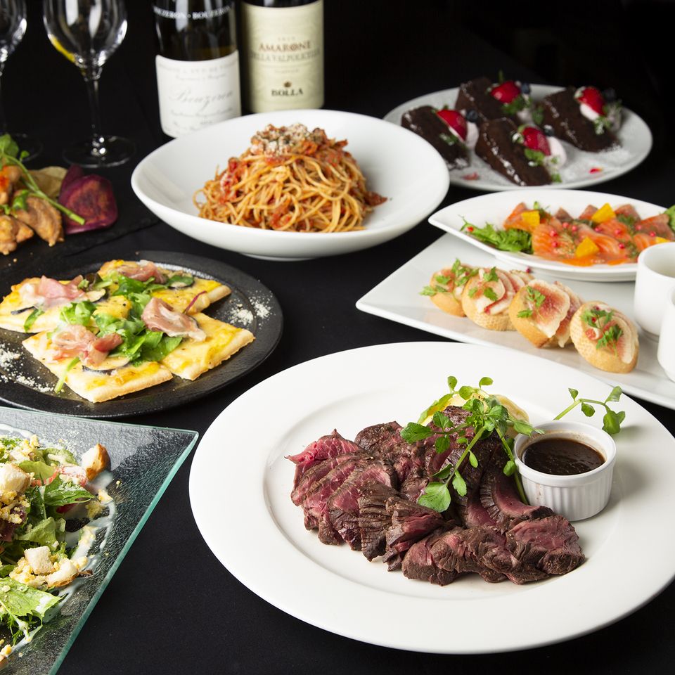 【魚料理とイタリアンステーキのダブルメインのシェアコース+飲み放題3時間付】歓送迎会や忘年会・新年会におすすめ！本格イタリアンとリブロースのビステッカなどワンランク上のシェアプラン♪　90種以上の豊富な飲み放題付　￥7000