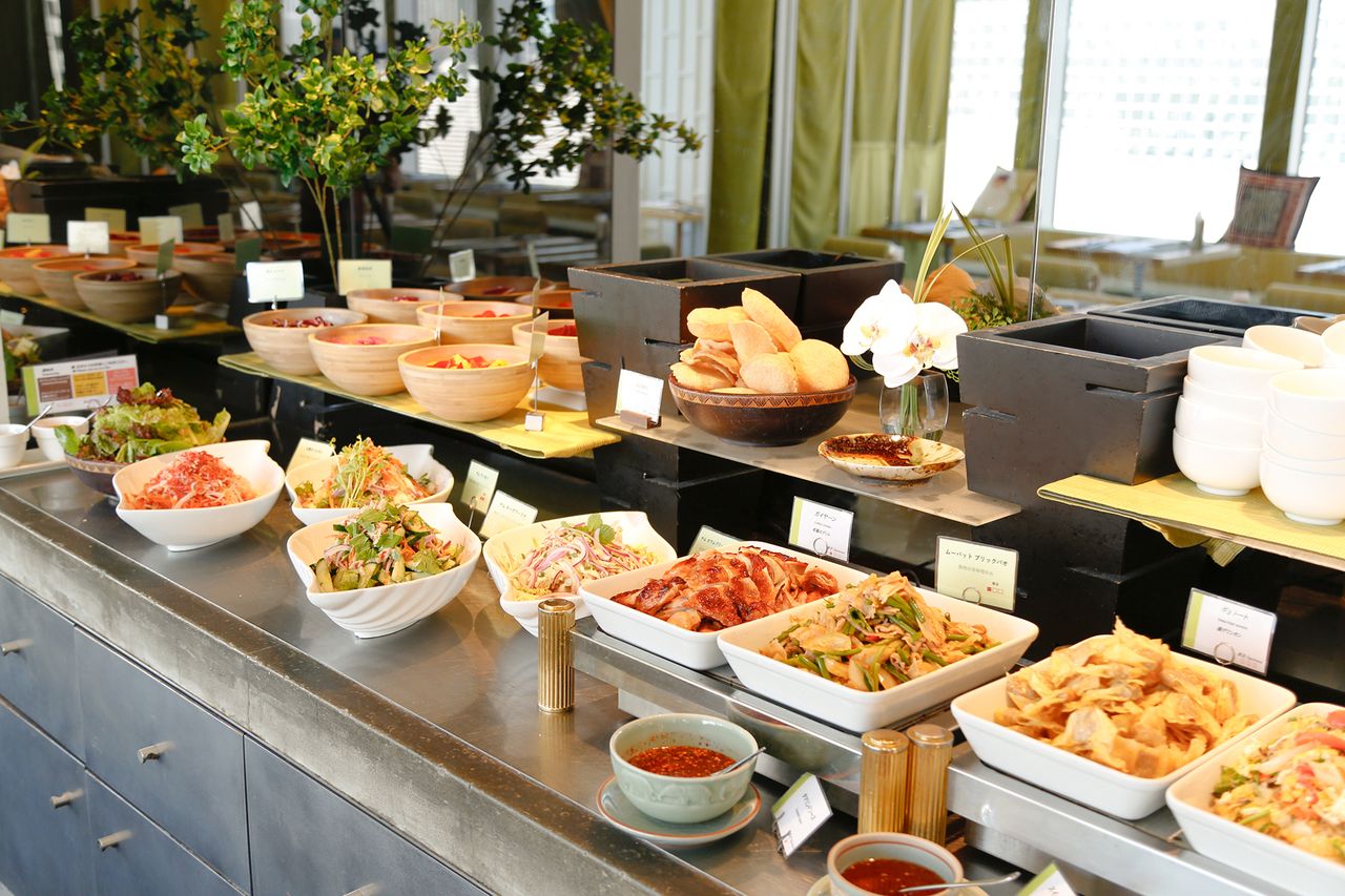 銀座10階からの絶景を眺めながら楽しむ【ヘルシービュッフェ】タイ人シェフが腕を振るう本格タイ王道料理7品から1品セレクト＋副菜・スープ・温菜・デザートも食べ放題＆さらにアジアンティ飲み放題の平日贅沢ランチ
