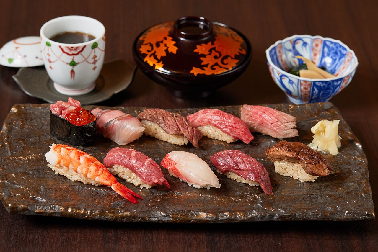 Assortment of 10 pieces of seasonal seafood and carefully selected Wagyu beef sushi