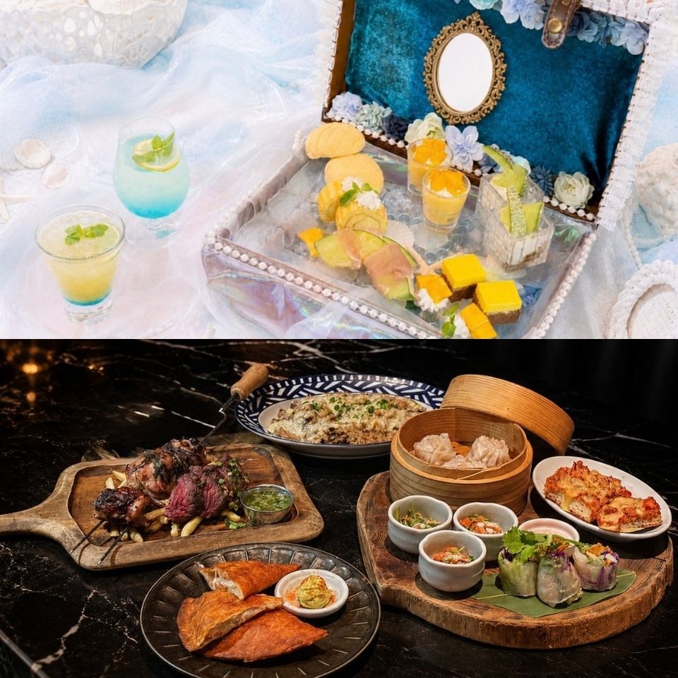 【Dinner ☆ Afternoon】 “Mermaid Princess” Afternoon Tea with sweets! 8 dishes served on 5 plates, including “Grilled Beef Harami & Chicken Thigh Shashlik with Cheese Risotto”.