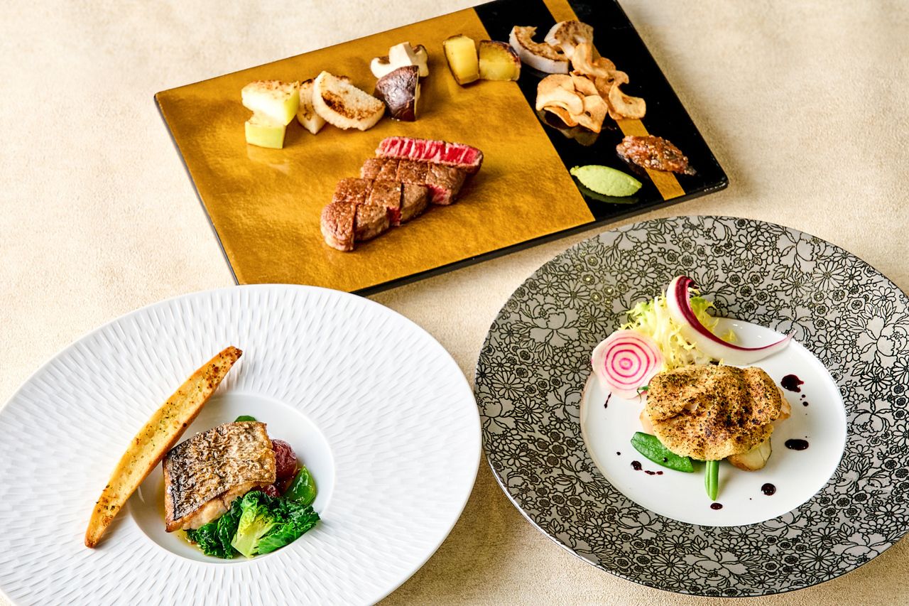 琥珀コース（ランチ）：ホタテ・旬の魚と黒毛和牛ロースステーキを堪能