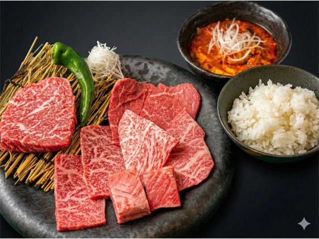 Luxurious yakiniku lunch featuring sirloin steak and Kobe beef