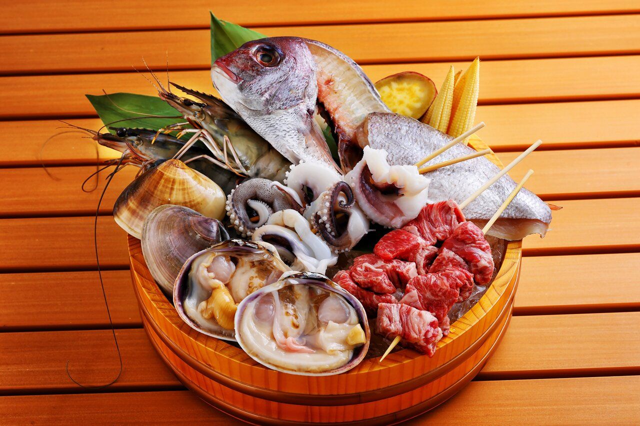 Kaiou Market Awaji Beef and Today's Seafood Special with Awaji Veggie Set