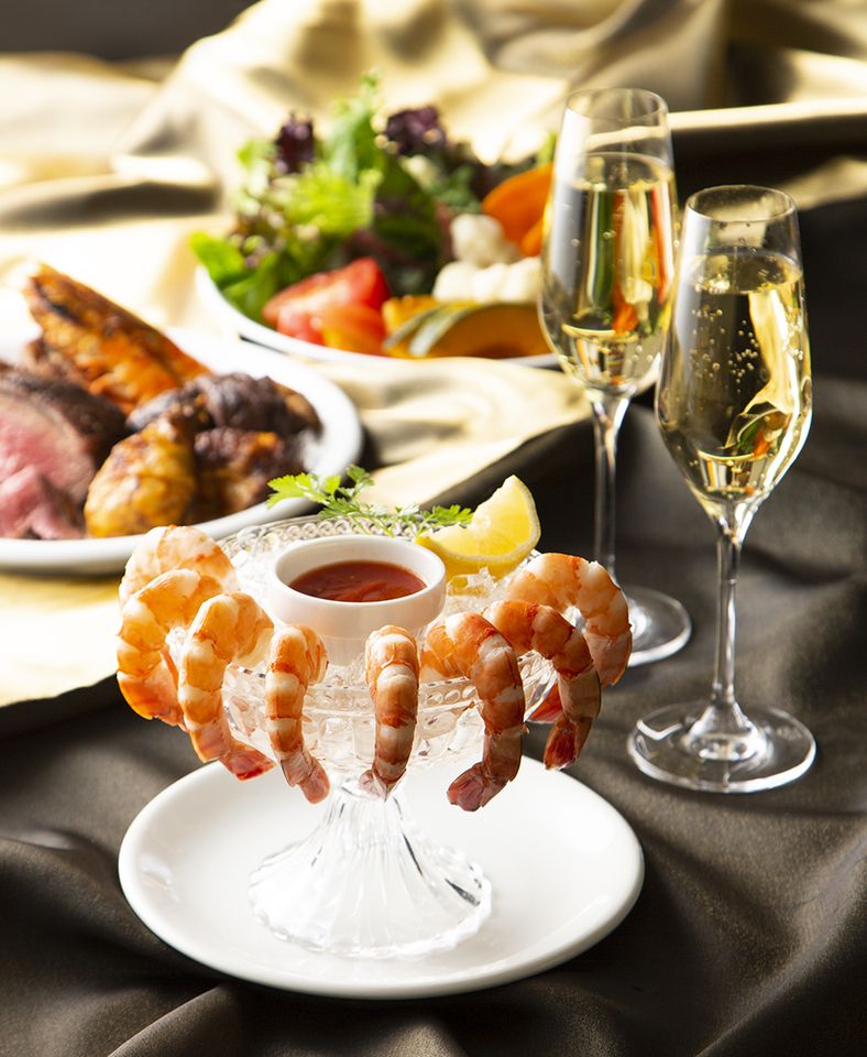 🥂🥂🥂 記念日にオススメ 🥂🥂🥂　　　　　　　　　　　　　　　　　　　　　　　　　　　【AnniversaryPLAN】シュリンプカクテル＆乾杯スパークリングワイン付・黒毛和牛を含むシュラスコ15種＆サラダブッフェ（デザート含む）