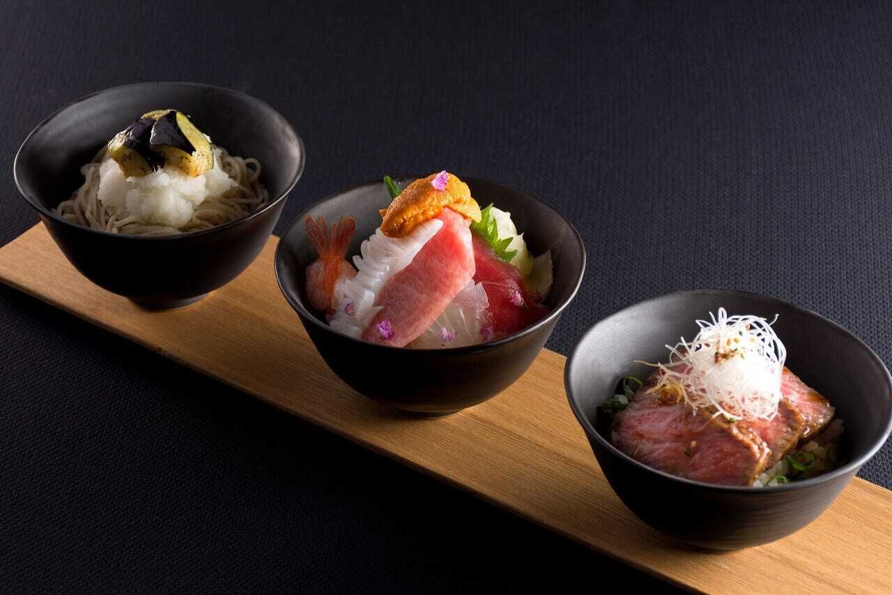 Lunch — Hokkoku Kaidō: seared beef rice bowl, seafood rice bowl, soba with grated daikon, and two other items (5 items total)