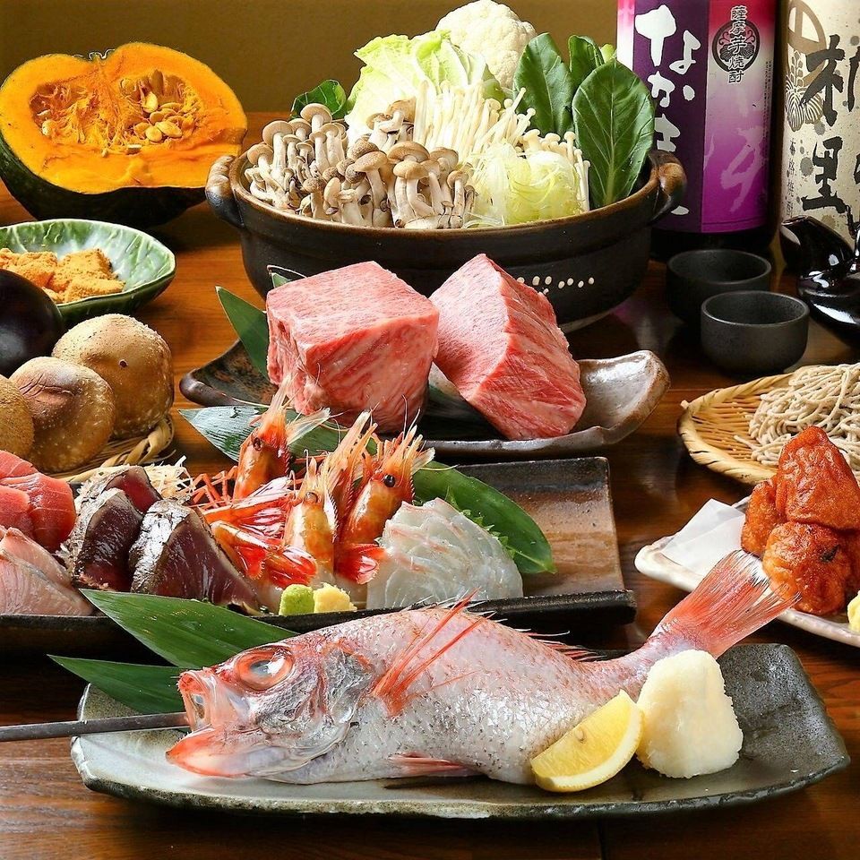 Course featuring grilled Satsuma Kuroge Wagyu sirloin and grilled throatfish – 8 dishes in total, 6,800 yen. 