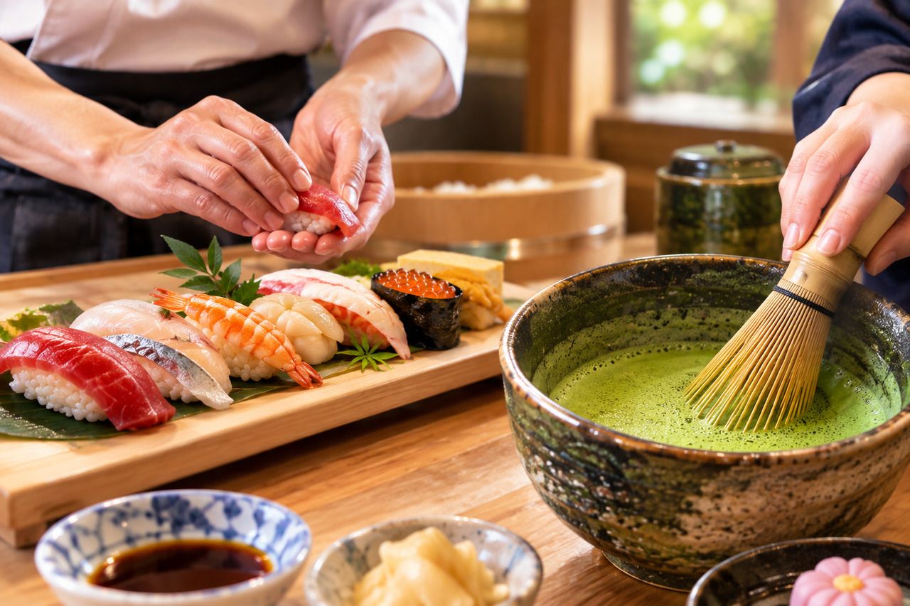 【Adults】 Limited quantity! Sushi-making experience + matcha preparation experience course with souvenir (bowl & whisk included)